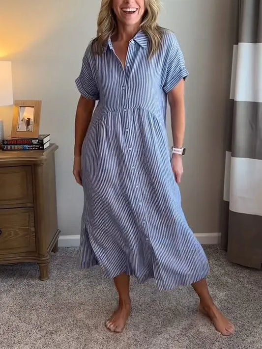 Vestido camisero de rayas con corte relajado y bolsillos laterales