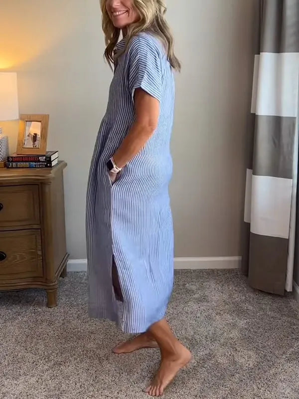 Vestido camisero de rayas con corte relajado y bolsillos laterales